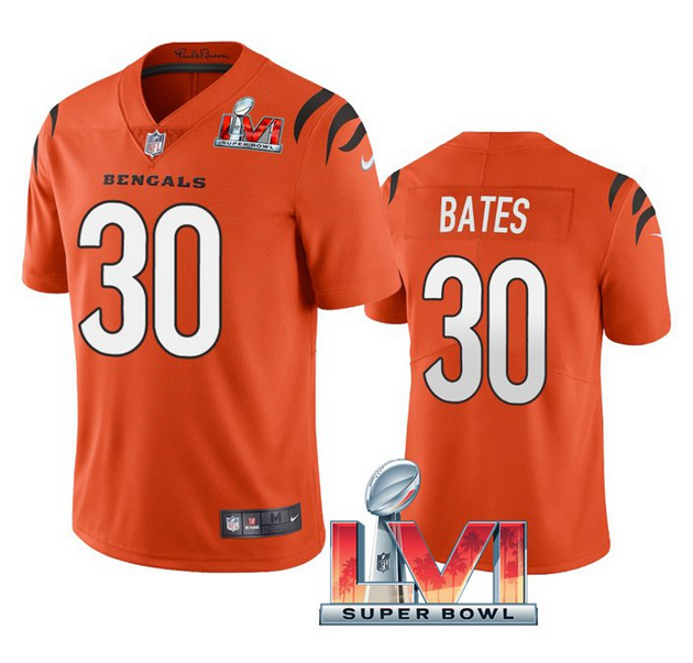 Men's Cincinnati Bengals #30 Jessie Bates 2022 Orange Super Bowl LVI Vapor Limited Stitched Jersey